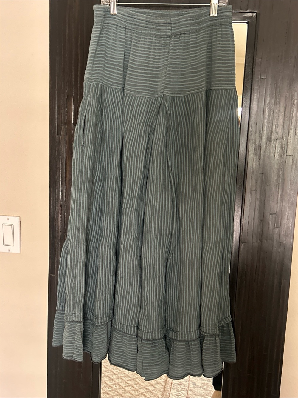 Aurea Vita Teal Gray Stripe Linen Silk Blend Ruffled Pleated Maxi Skirt Size S - Picture 5 of 10